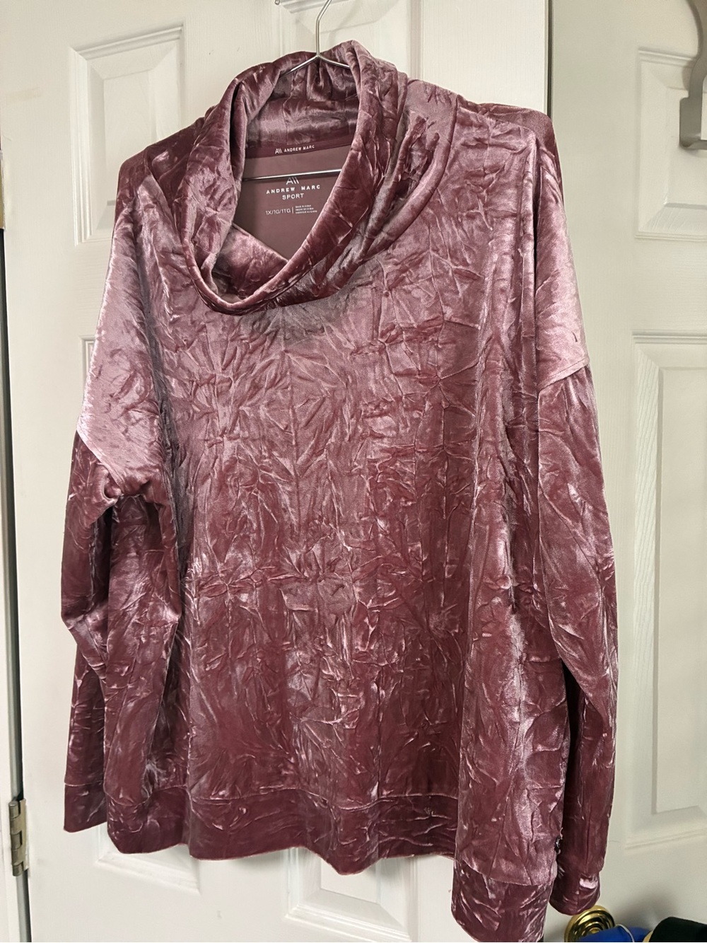 Andrew Marc Crushed Velvet Cowl Neck Sweater in Mauve Rose